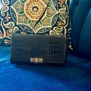 Brighton Black Croc-Embossed Clutch with Jewel Accent